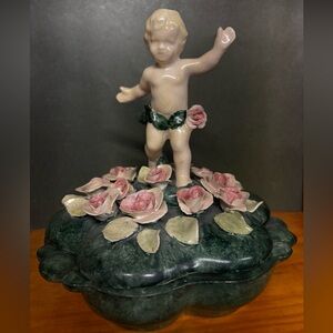 Vintage Cherubic Figurine with Pink Toses Green Painted Porcelain Box